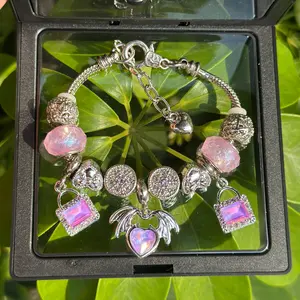 Buy 1 Get 1！Light Luxury Purple Glass Bead Love Pendant Bracelet - Dream Beaded DIY Bracelet with Pink Beads Chain & Charm for Girlfriend Gifts Exquisite Trendy Charm Bracelet, Fashionable Jewelry for Women & Girls As Gift, Adjustable Bracelet