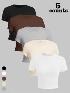 Women's Solid Color Crew Neck Tee, Casual Short Sleeve T-shirt for Daily Wear, Ladies Clothes for All Seasons, Basic Top