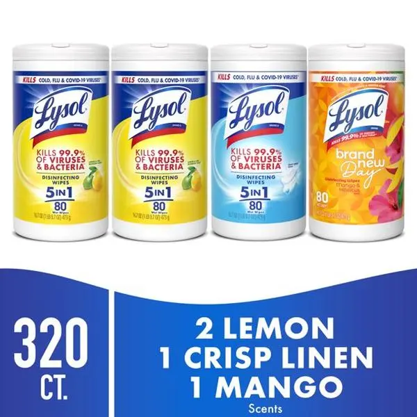 Lysol Disinfecting Wipes, All Purpose Cleaner, Multi Surface Antibacterial Cleaning Wipes, Cleaning Supplies, Lemon + Mango & Hibiscus + Crisp Linen Scent, 80 Count Each (Pack of 4)