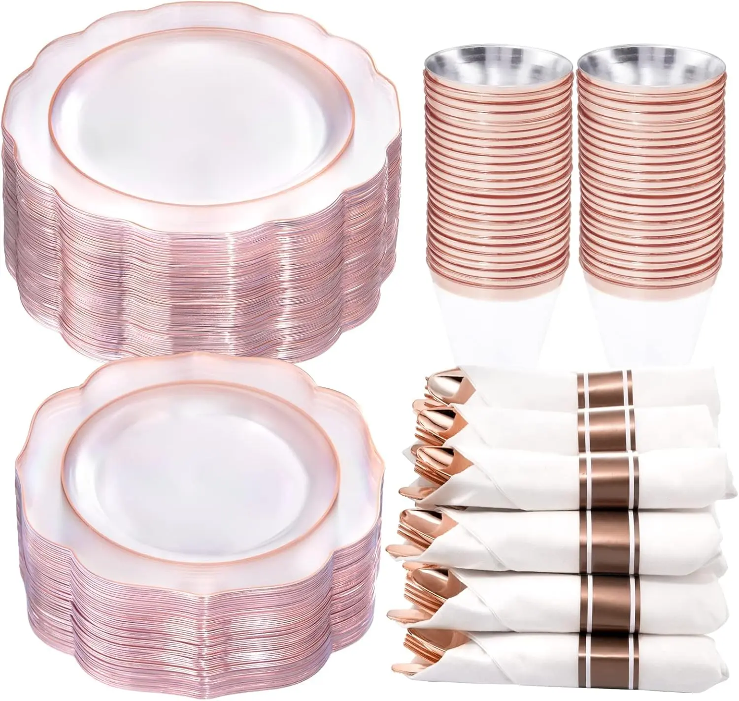 350PCS Rose Gold - Clear Rose Gold Disposable Dinnerware Set - Include 100 Dinner/Dessert,50 Cups,50 Pre Rolled with Cutlery Set - for/Mother's Day
