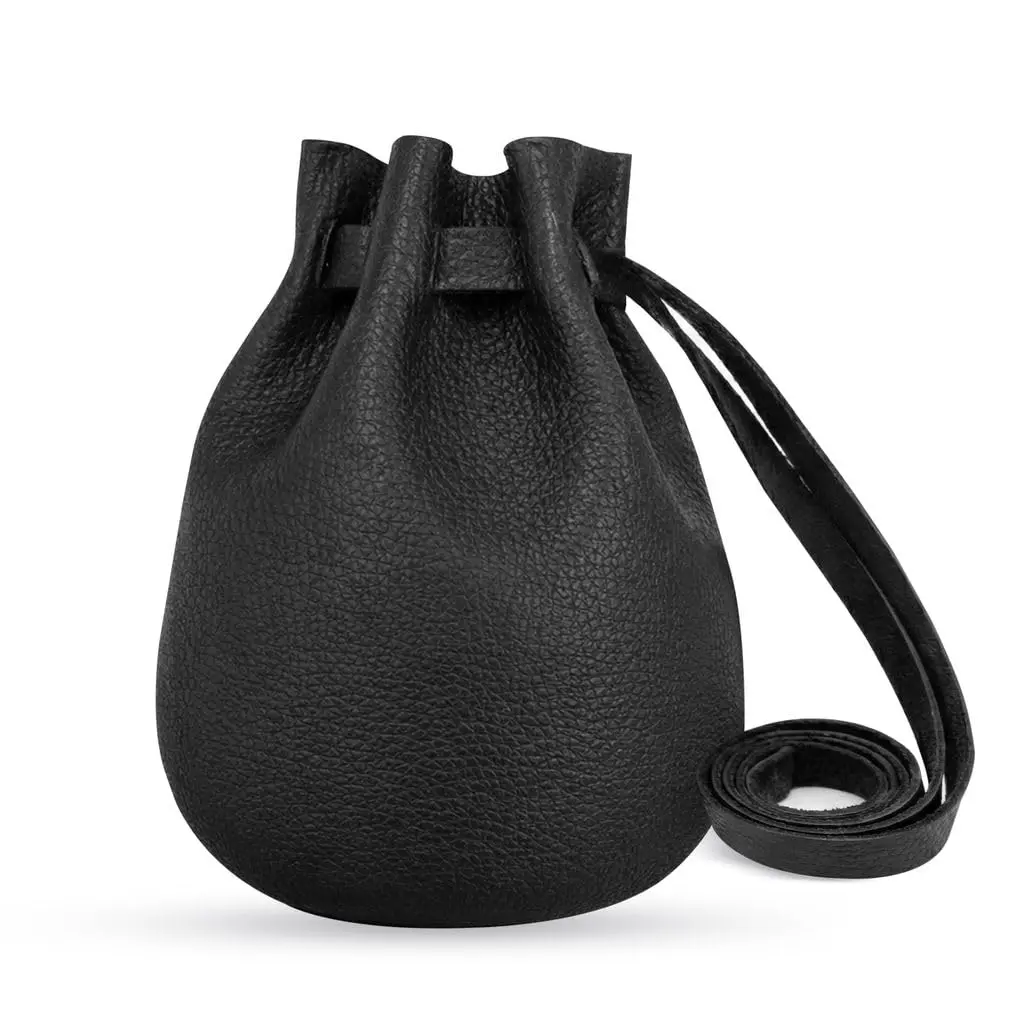 Mythrojan Medieval Genuine Leather Drawstring Pouch, 6 inch Belt Bag | Rustic Leather Coin Pouch for LARP, Renaissance, Cosplay & Costume Use - Black
