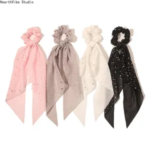 New Spring Collection: Gold-Stamped Polka Dot Chiffon Hair Scrunchie with Triangular Scarf Tie and Long Streamers — Hair Accessory for Women and Girls