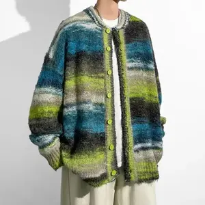 2025 men's color matching crew neck, sweater, new autumn and winter for teenagers, loose, fashionable casual knitted cardigan