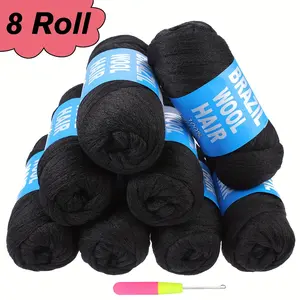 New Fashion 8 Pcs Brazilian Wool Black Hair for Braiding, Acrylic Yarn Crochet Box Braids Senegalese Twist Jumbo Braids Faux Locs Synthetic Braiding Hair Extensions