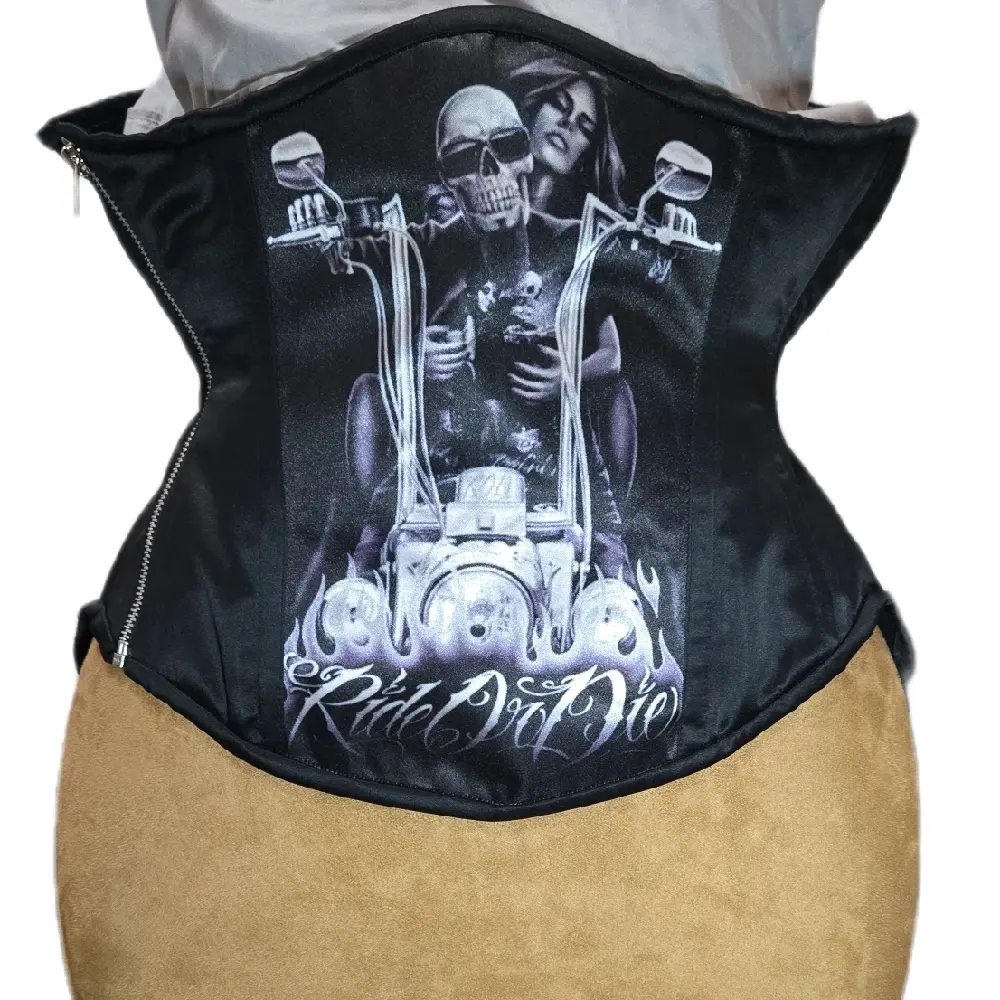 Motorcycle Skeleton Biker Corset – 32-Inch Waist Goal, 12-Inch Length, Side Zipper