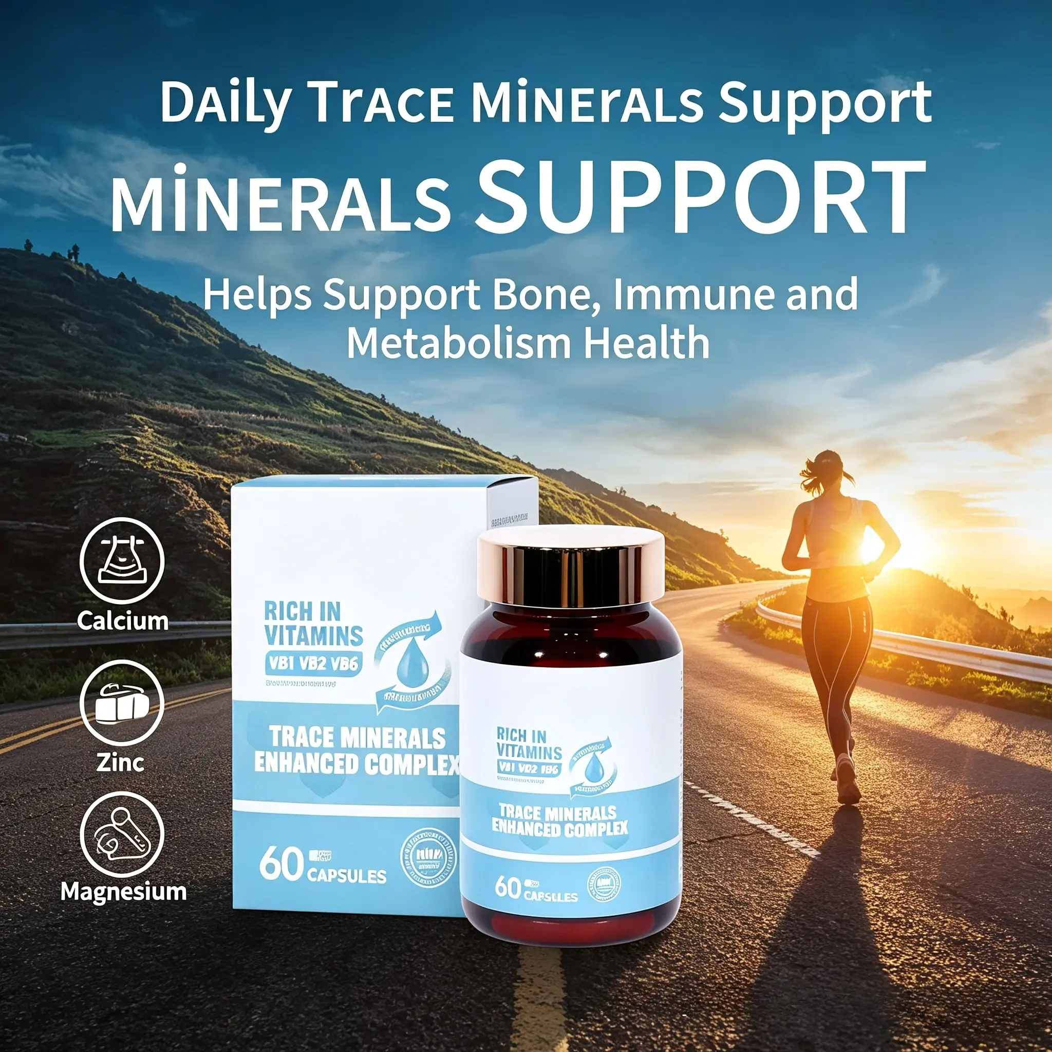 Trace Minerals Enhanced Complex with Vitamin B1,B2,B6,Zinc,Magnesium Citrate,Chromium Pyridine Formate,Copper Gluconate - Sugar-Free Probiotic Supplement for Bone Wellness,Metabolic Balance - 60 Daily Capsules,2-Month Supply for Active Adults & Seniors