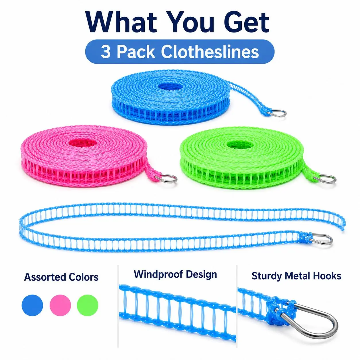 3-Pack Portable Travel Clothesline Set, 5m Adjustable Windproof Laundry Drying Line with Hooks for Camping, Home, Sports & Outdoor Accessories, Portable Laundry Rack, Dorms, Hooked Ends, Outdoor Drying, Balconies, Compact Pack, Multifunctional, Set Pack