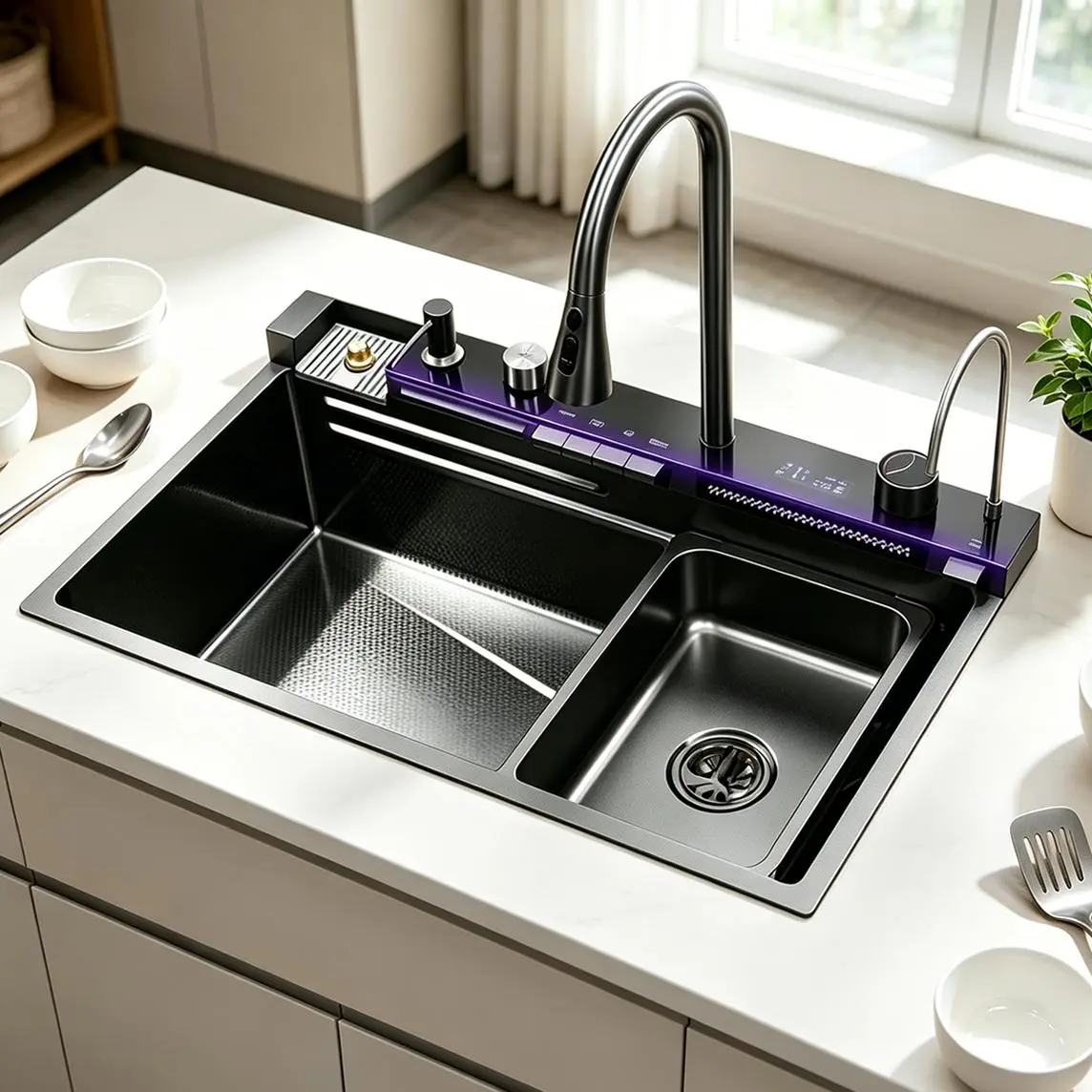 29.5″ L x 17.7″ W x 8.1″ D Smart Undermount 304 Stainless Steel Kitchen Sink Workstation Combo, Digital Temp Display, Pull-Down Faucet with 3 Spray Modes & 360° Swivel, Full Kit, Drain Basket, Garbage Disposal-Compatible Rectangle Sink Unit Station
