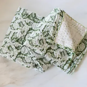 Verdigris Vines Kantha Stitch Quilt with Pair of Shams