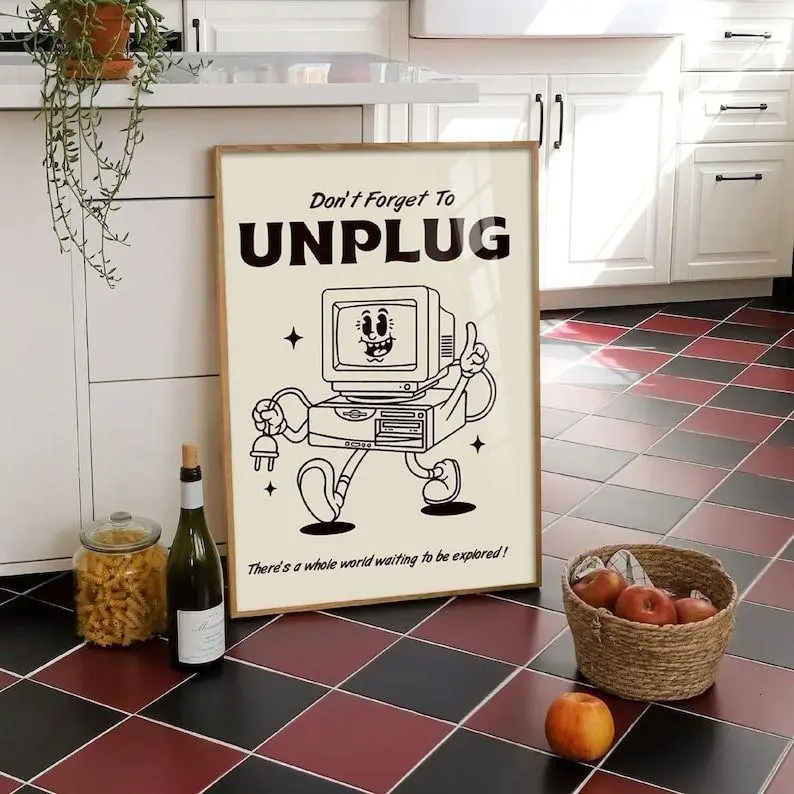 Vintage Wall Poster, Unplug Print Retro Computer Illustration Wall Art, Vintage Tech Printable, Classroom Poster, Motivational Office Decor