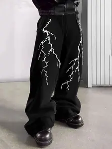 Men's Loose Fit Sporty Straight Leg Pants, Lightning Print Design, High Street, Streetwear & Hip Hop Style, Casual Daily Wear, Spring & Fall, Menswear