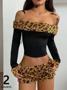 Women's Faux Fur Leopard Patchwork Off-Shoulder Short Top & Shorts Set, Y2K Style Chic Casual Two-Piece for Daily Wear