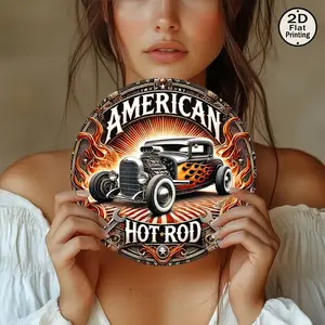 1pc 2D Flat Printing, classic car, vintage reusable classic 8-inch round metal signage, "AMERICAN HOT ROD" suitable for home and wall art Deco - ideal for cafes, clubs, dorms - the perfect gift,  Perfect for Room Decor