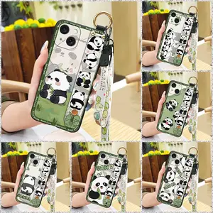 Cartoon Shockproof Phone Case For iphone15 Plus Anti-dust Waterproof Dirt-resistant Wrist Strap Lanyard Anti-knock Soft case panda protective Back Cover Durable Kickstand Silicone