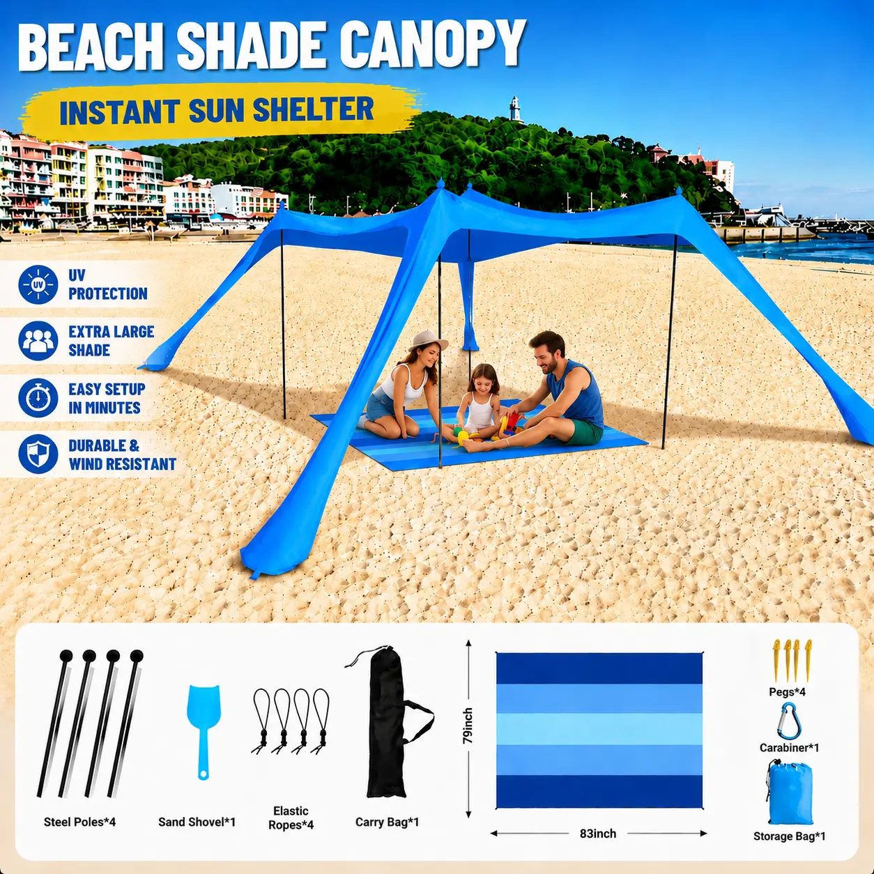 Beach Canopy Tent Sun Shade UPF 50+ UV Protection with Sandbags Poles Ground Pegs Anti-Wind Ropes for Outdoor Camping Backyard Picnics