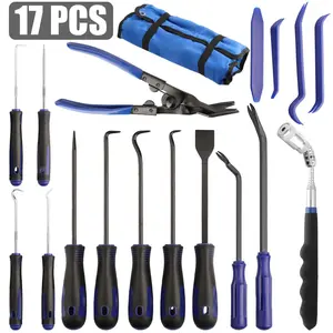 17PCS Precision Pick and Hook Set with Auto Trim Removal Tool Kit, High Carbon Steel Gasket Scraper Clip Pliers, Magnetic Telescoping Flashlight Pry Bar Panel Remover, Automotive Interior Dash Door Radio Molding Repair Kit for Mechanic Garage DIY Car Truc