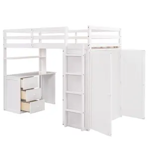 Twin/Full Loft Bed with Drawers Desk & Wardrobe White Finish Modern Design for Bedroom Storage Organization 78.3" L x 44" W x 65" H Solid Pine Wood Frame