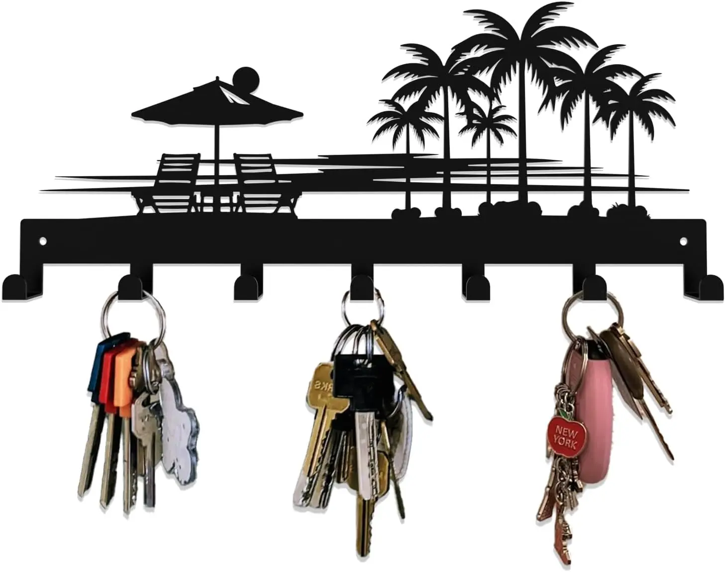 Wall Mount Tropical Style Coconut Tree & Sunset Metal Steel Key Holder with 7 Hooks - 1 Unit Multiple Keys Organizer for Front Door, Entryway Home Decor