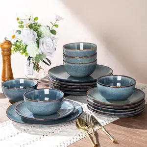 Ceramic Dinnerware Sets for 6, 18 count Handpainted Plates and Bowls Set, Scratch Resistant Stoneware Dishes Set, Dishwasher & Microwave Safe, Ceylon Blue