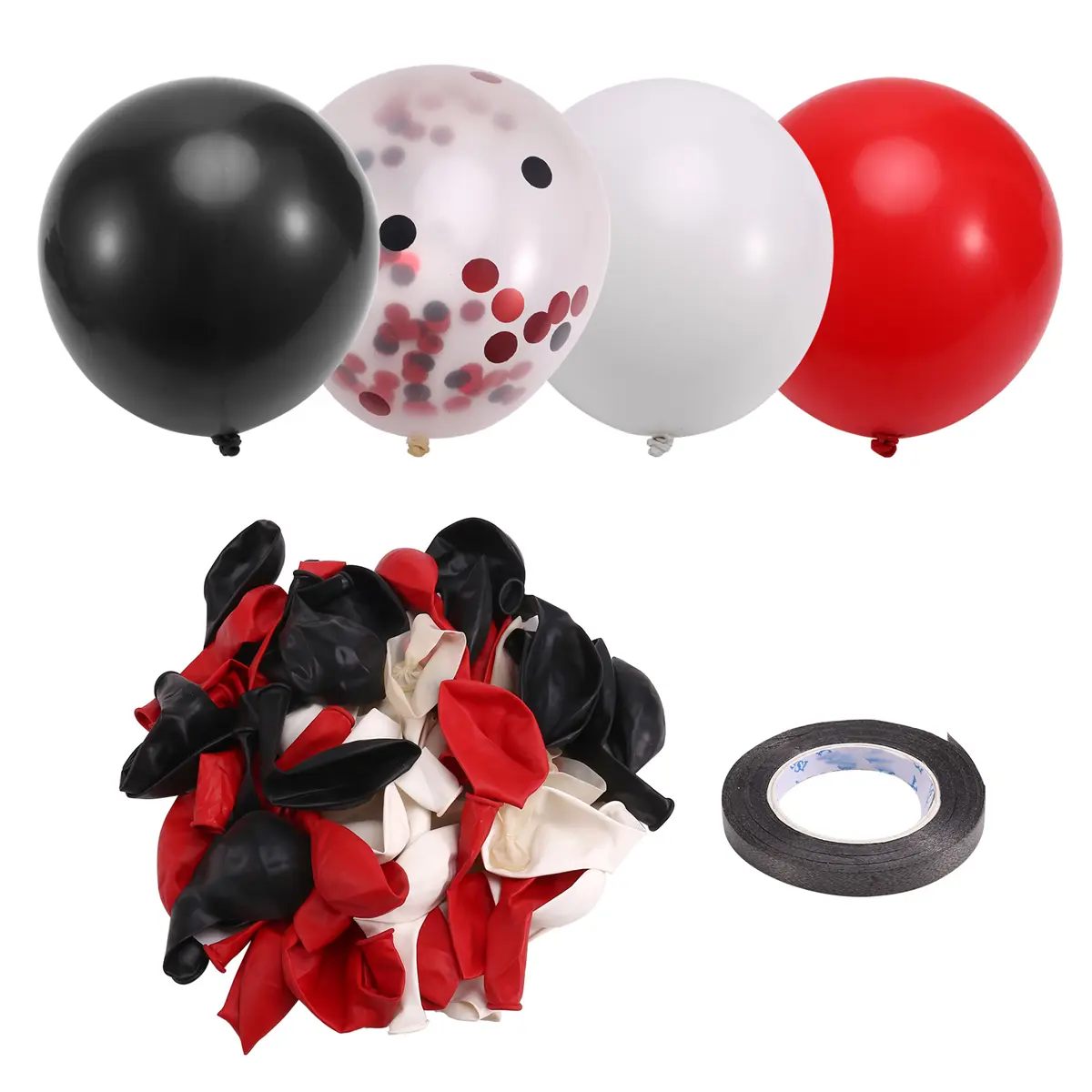 67pcs 12in Red-Black-White Confetti Balloon Set with Ribbons, Home Party Decoration for Birthday, Anniversary, Father's Day, Easter, Memorial Day, Graduation, Baby Shower