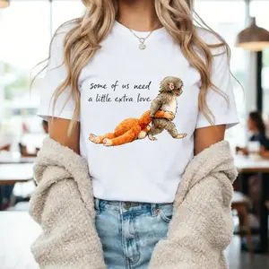 Crew Neck T Shirt Black Monkey Carrying Teddy Bear With Text Some Of Us Need A Little Extra Love Casual Wear For Women Coffee Shop Outfit