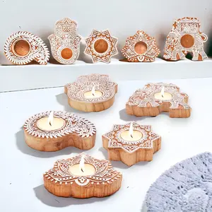 Handmade Wooden Block Print Tea Light Candle Holders | Hamsa, Paisley, Star & Lotus Designs | Perfect for Diwali, Navratri & Festive Decor | Unique Gift Idea