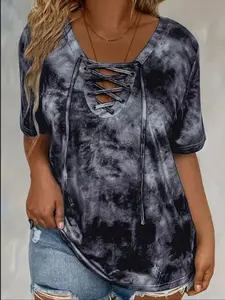 Women's Plus Size Tie-Dye Bow Front Vneck T-Shirt, Casual Pattern Print Fitted Top, Comfortable Stretch Fabric, Perfect for Daily Wear & Gifts