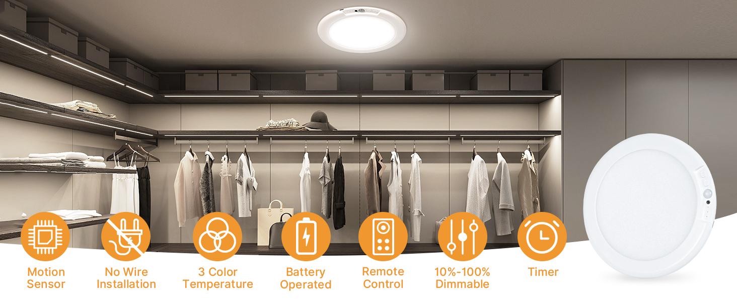 4Pcs-Rechargeable Motion Sensor Ceiling Light with Remote - Magnetic Wireless Ceiling Light Battery Powered for Closet Shower Stairs Shed Hallway Porch Patio ect