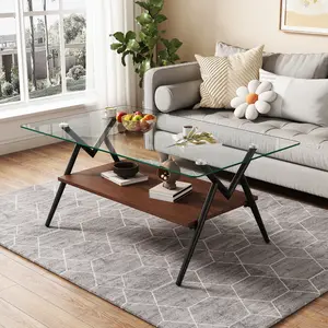 Modern Rectangle Coffee Table - Tempered Glass Top, Black Metal Legs - Indoor Living Room Furniture