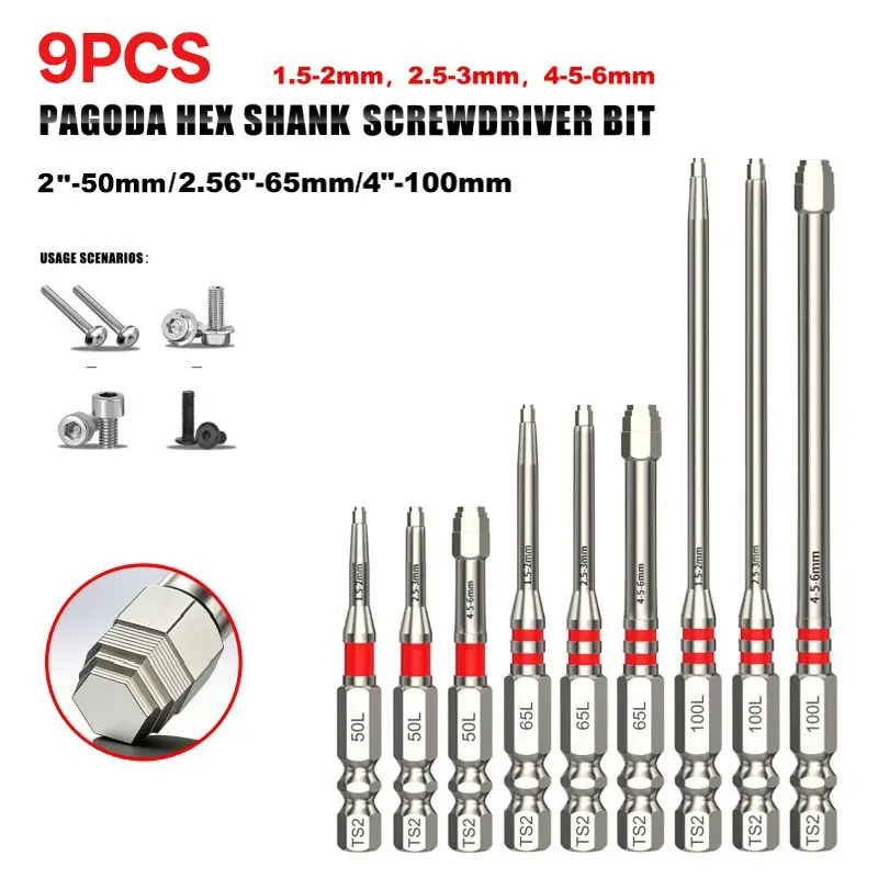 9-Piece Screwdriver Bit Set: Featuring magnetic hexagonal shanks and a unique pagoda-shaped internal hex design, a single bit can tighten nuts ranging from 1.5mm to 6mm-suitable for use with electric drills and wrenches.