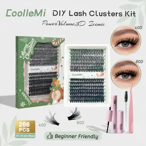CoolleMi Iconic 266PCS DIY Lash Clusters Kit 40D & 80D 3D Wispy Waterproof Long-lasting Black Lash Bond & Seal Tweezers Remover & Brush for Professional Volume Anime False Lashes Eyelashes Extensions Cosmetic