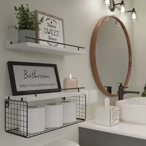 Floating Shelves for Bathroom Wall Decor Sign, Bathroom Organizer and Storage, Bathroom Shelves Over Toilet with Metal Guardrail-Modern White
