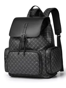 High-Quality PU Leather Men's Printed Patchwork Backpack, Business Commute Large Capacity Laptop Bag, Multi-Pocket Travel Bag