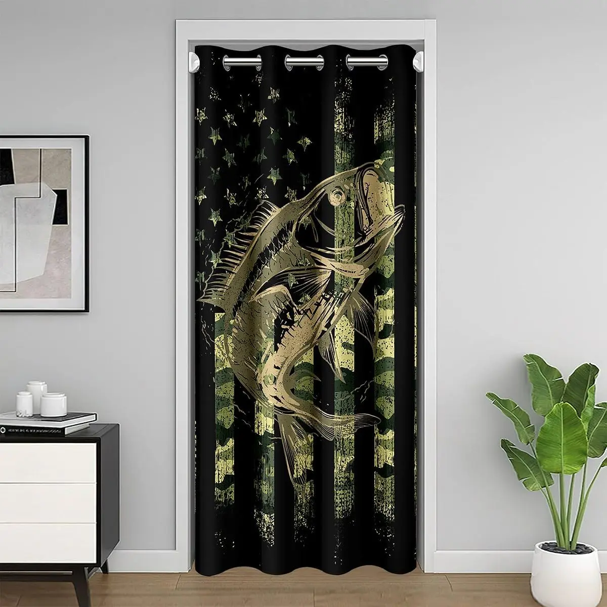 Feelyou Bass Fish Doorway Curtain - American Flag Camouflage, 30%-50% Blackout, Thermal Insulated, Modern Room Decor, 1 Panel 42"Wx80"L (Fits Pike Fish Themed Closet Doors), Room Decor Curtain, Thermal Insulated Curtain