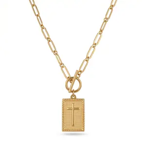 Gold Cross Pendant Necklace for Women Men, Vintage Rectangle Cross Tag Necklace with Paperclip Chain Toggle Clasp, Christian Faith Jewelry Gift for Her Him Daily Wear Party Street Style Necklace