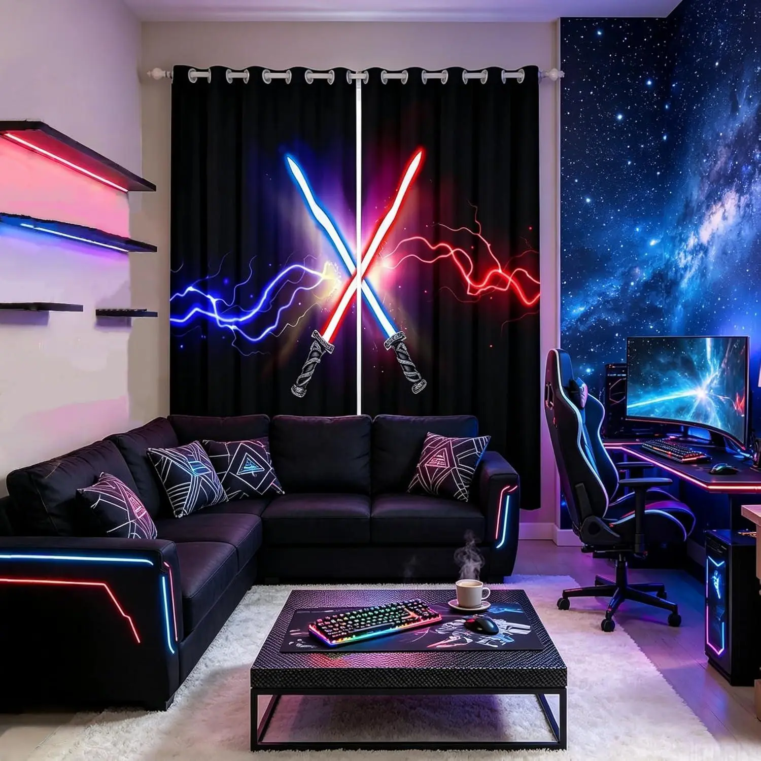 Lightsaber Curtain,Blue Red Neon Lightning Sparkling Window Drapes for Girls Boys,Boys Games Starry Galaxy Black Window Treatment Curtains for Living Room