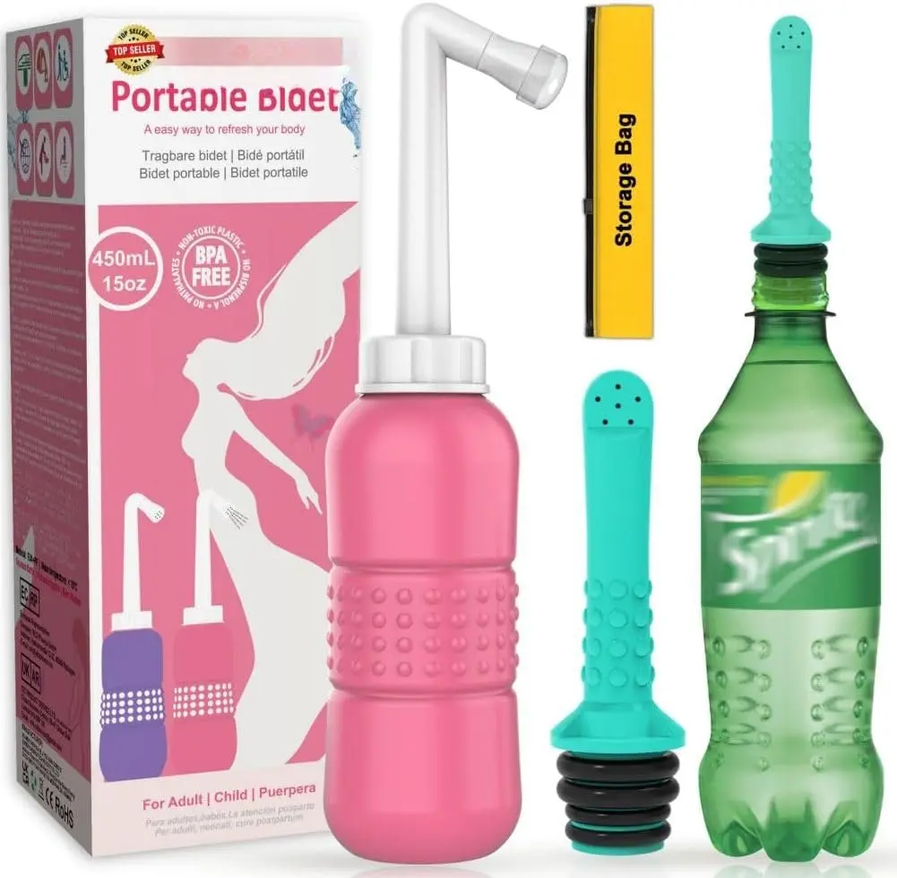 2 count-Pack Portable Bidet Bottle + Green Pocket Bidet Backpack for Camping, with Water Seal Cap + Storage Bag, Peri Bottle for  Essentials