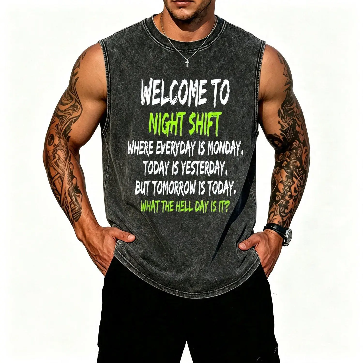 Night Shift Style Humor Midnight Worker Pattern Vest Fashionable Outerwear Layering Piece with Classic Design Elements and Trendy Urban Look