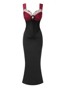 Wine Red 1930s Princess Contrast Fishbone Mermaid Dress prom girlsummer dresses vacation outfits Formal Women