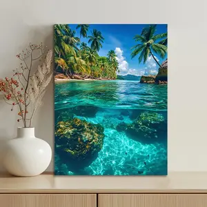 Turquoise Turquoise Waters & Palm Tree Tropical Beach Canvas Print Poster - Frameless 3D-Style Aerial Ocean Wall Art, High-Resolution Turquoise Waters Coral Reef Hawaii-Like Island Decor for Home, Office, Vacation House - Perfect Gift Idea	