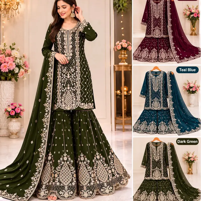 Size 42/44. Wedding Special Heavy Embroidered Premium Georgette Plazo Suit - Zarkan Work, Intricate Floral & Paisley Designs, Embellished Long Kameez, Wide-Flowing Plazo, Luxurious Matching Dupatta