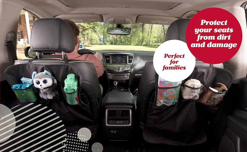 Black Oxford Fabric Car Seat Back Protectors (2-Pack) - Waterproof Backseat Covers with Snap Straps, Durable, Easy to Clean, Adjustable Universal Fit, 3 Mesh Pockets for Families on the Go, Practical Storage