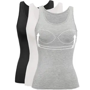 Women Crew Neck Tank Top with Built in Padded Bra Cami Wide Strap Camisole Basic Cami Tanks Breathable Casual Womenswear Comfortable