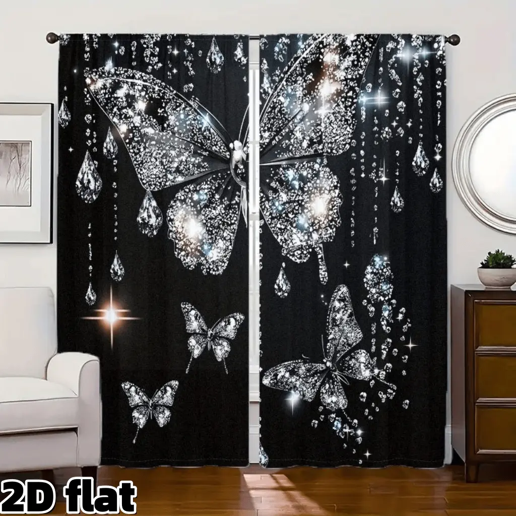 2D Flat 2Pcs Luxury Diamond Butterfly Curtains Sparkly Crystal Pattern Semi Sheer Rod Pocket Panels Elegant Black Background Living Room Bedroom Home Decor Modern Window Treatment Privacy Protection