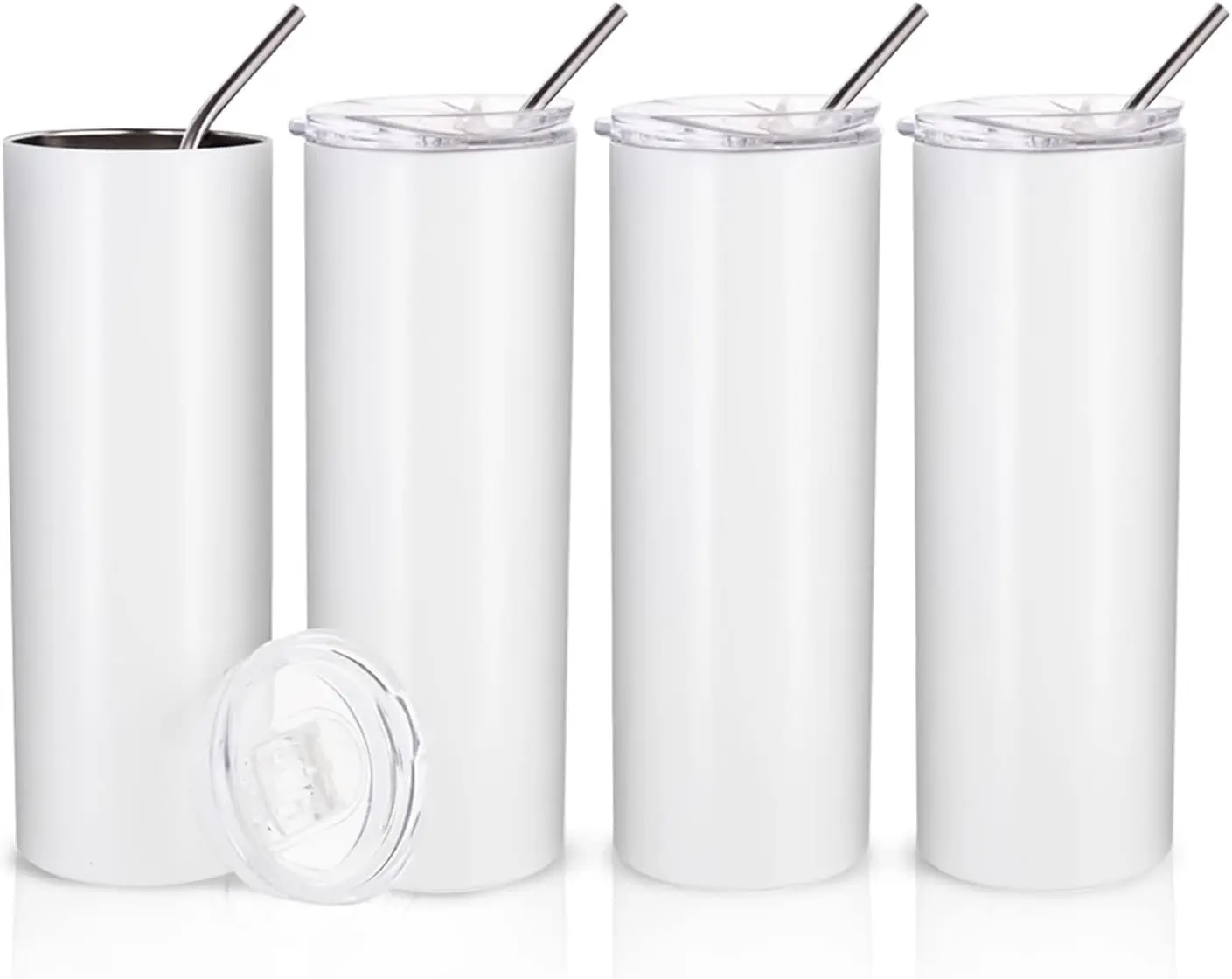 20oz Sublimation Skinny Tumbler Blanks 4 Pack, Straight Stainless Steel Tumblers with Straw, White Sublimation Cups for Heat Press Printing
