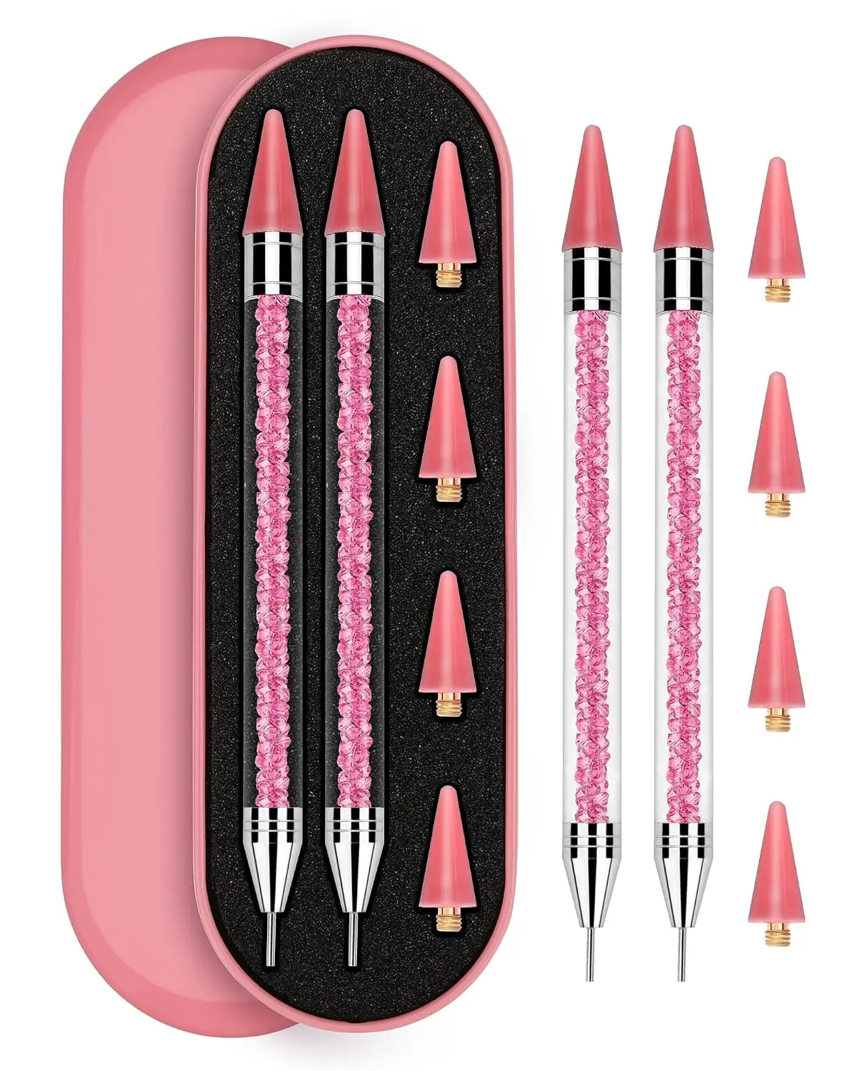 Rhinestone Picker Tool, 2PCS Rhinestone Applicator Tool Dotting Wax Pen Dual-Ended with 4PCS Replaceable Wax Tips for DIY Nail Art Tool (Pink)