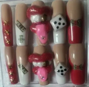 Casino Nails - Unique Design with Dice and Money Motifs on Red and Beige Backgrounds