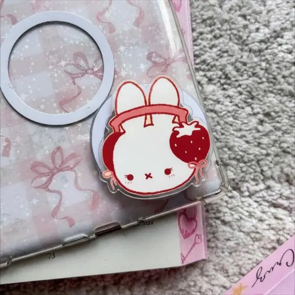 Strawberry Headphone Bunny Phone Grip, Cute Rabbit Kindle Accessories, Coquette Gift For Her pop socket sticky magnetic mount