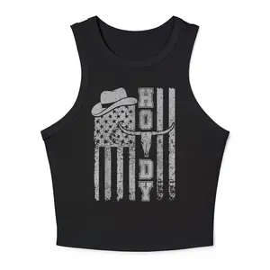 Howdy American Flag Micro Rib Racer Tank, Western Cowgirl USA Flag Graphic Tank Top for Women, Rodeo USA Style Crop Top Sleeveless for Her