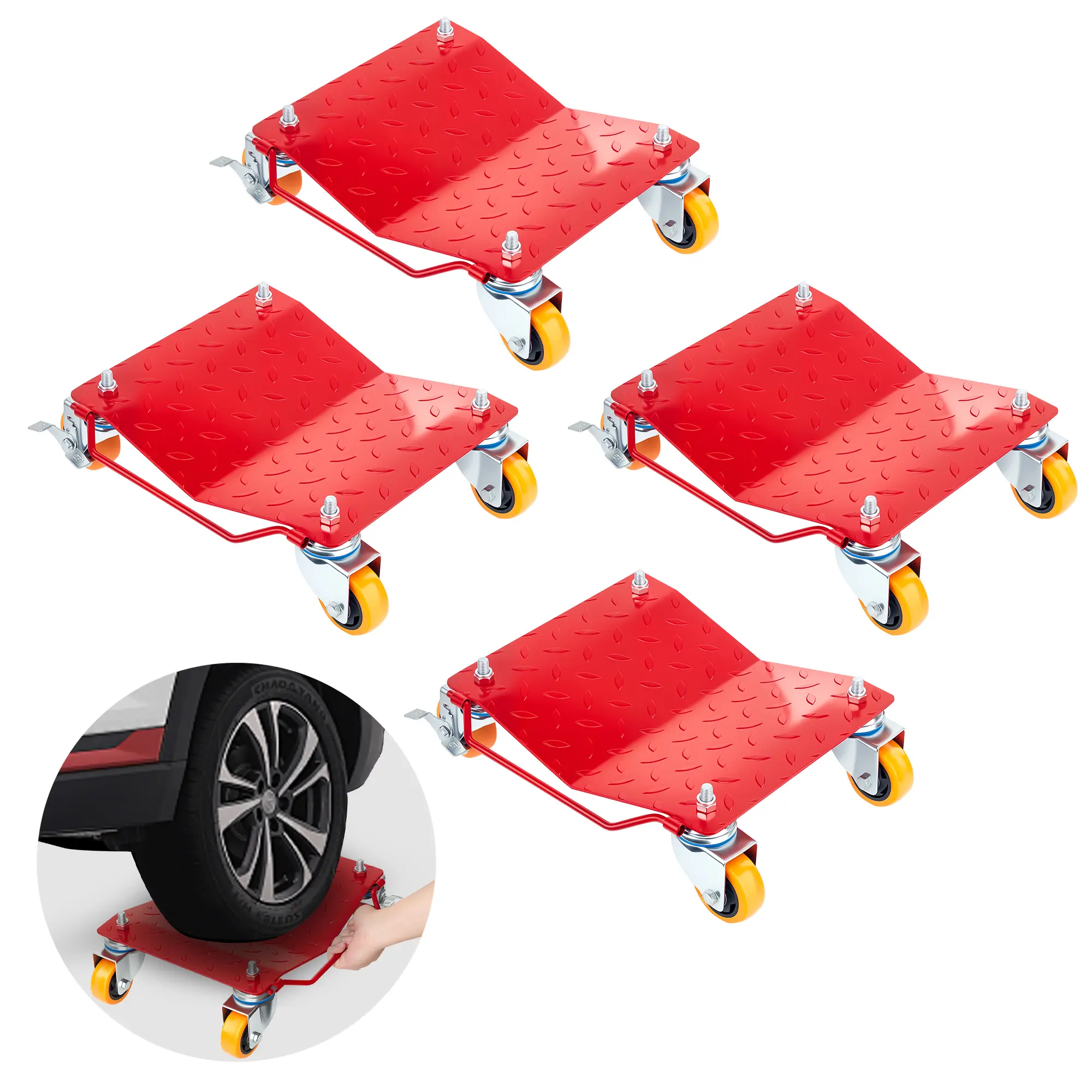 5500 lbs Steel Tire Wheel Dolly Set of 4, Heavy-Duty Car Mover for Cars, Trucks, Motorcycles, Trailers & Shops, with Antiskid Plate & 360-Degree Rotatable Wheels, Red